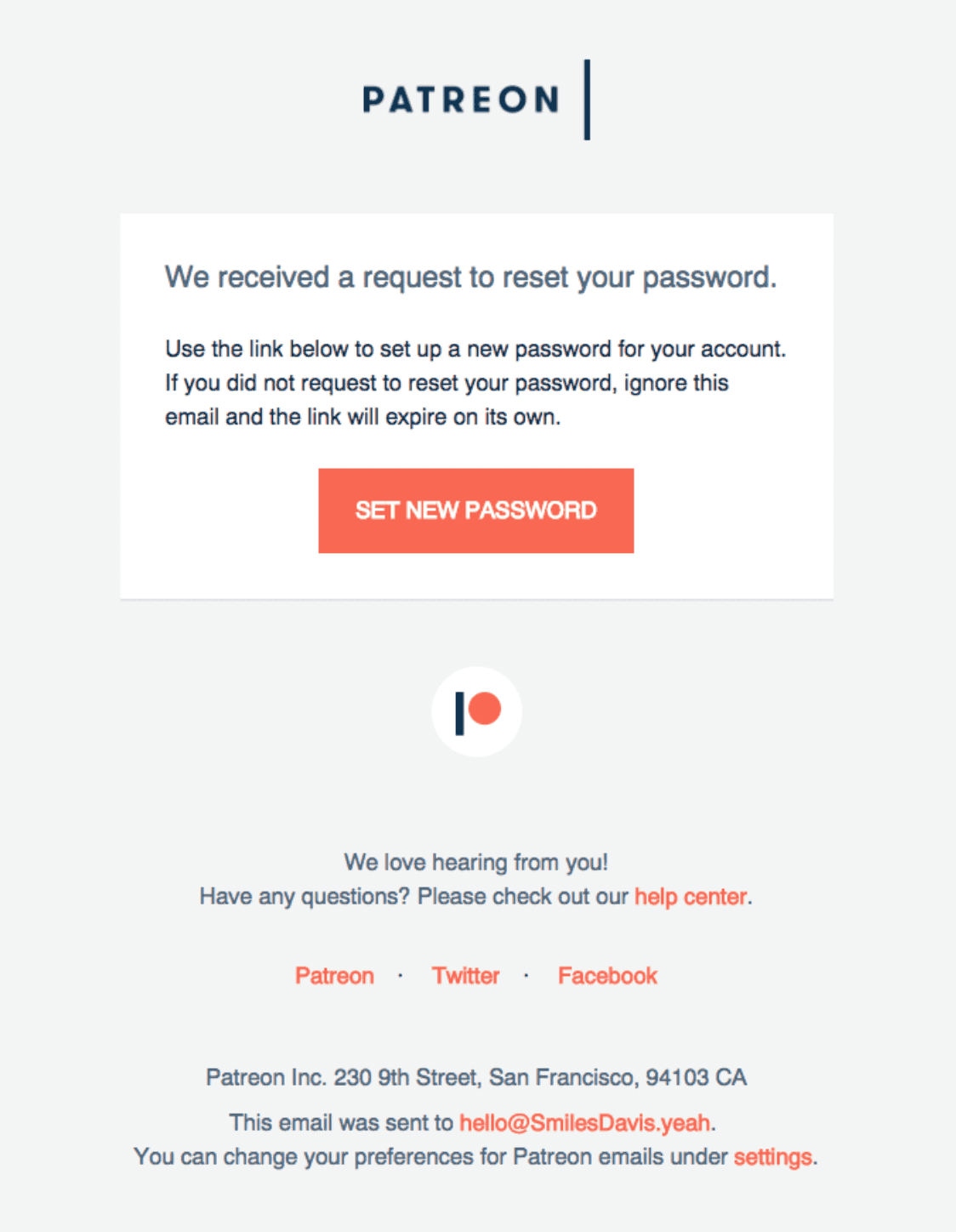 Password reset email example from Patreon.