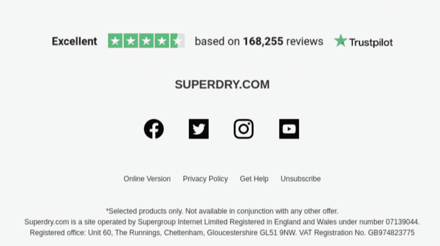 Email footer by Superdry that includes all vital information plus company reviews too