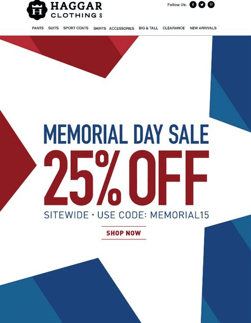 Example of best Memorial Day email from Haggar Clothing