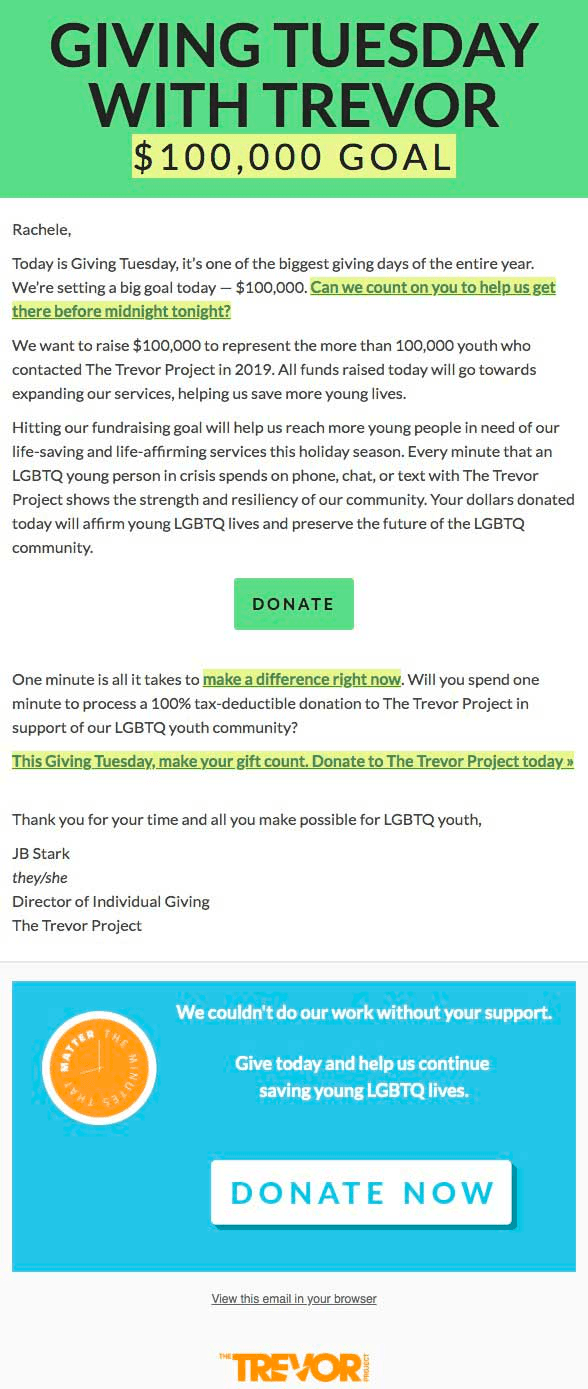 Giving Tuesday email example from The Trevor Project. 