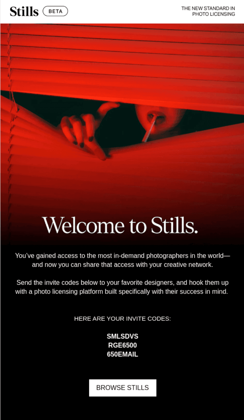 Example of a welcome email by Stills