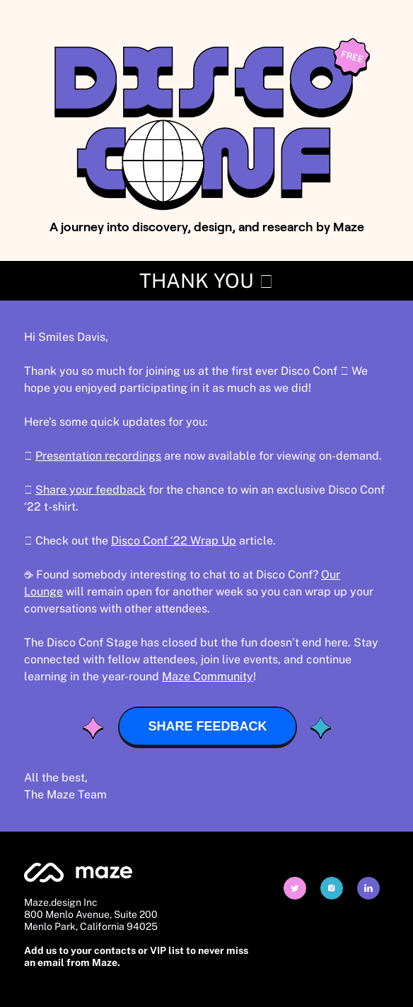 Feedback email example from Maze. 