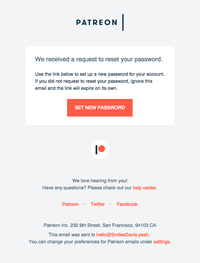 Password reset email example from Patreon.‍