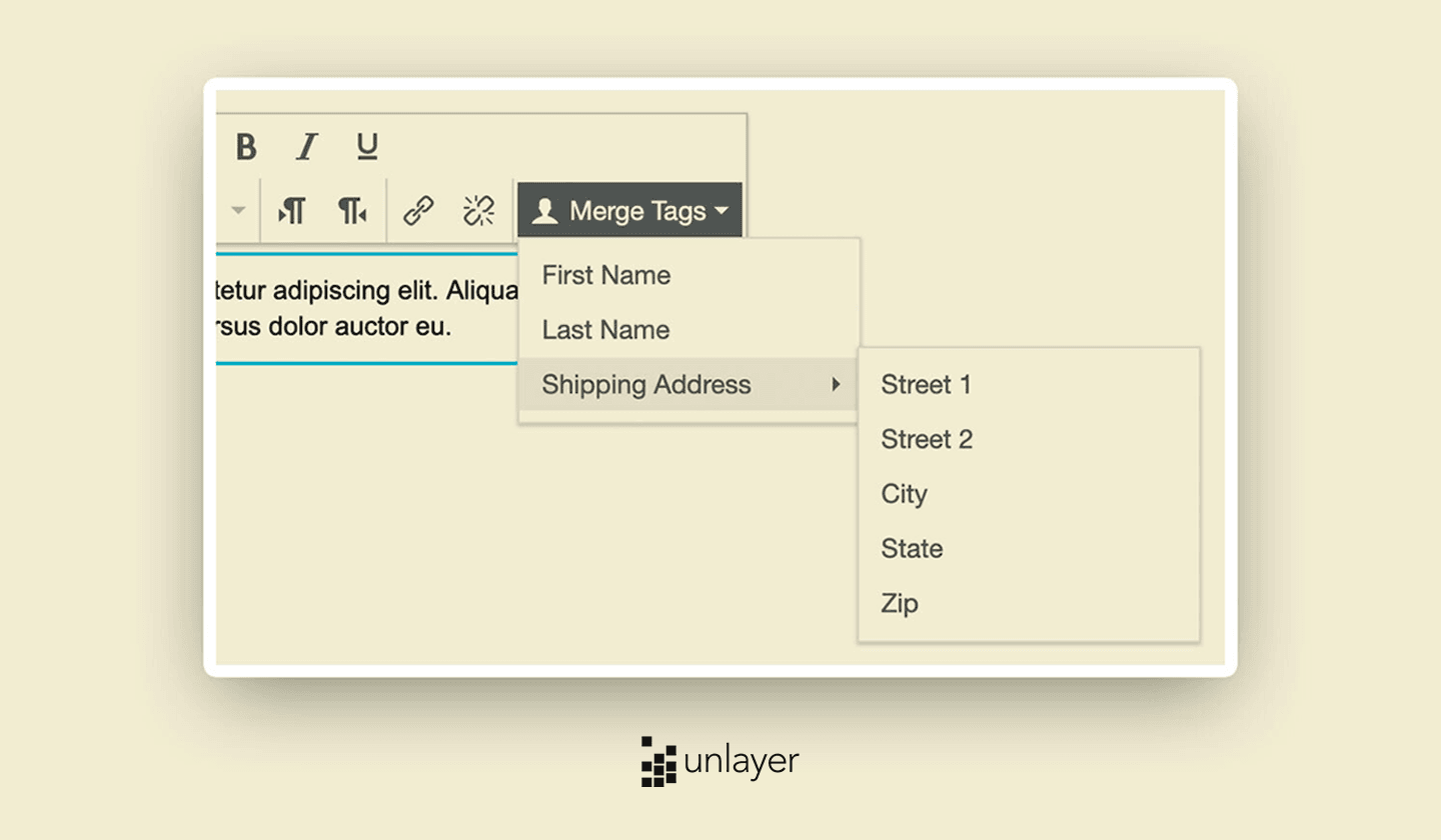 Unlayer’s merge tags for personalization.