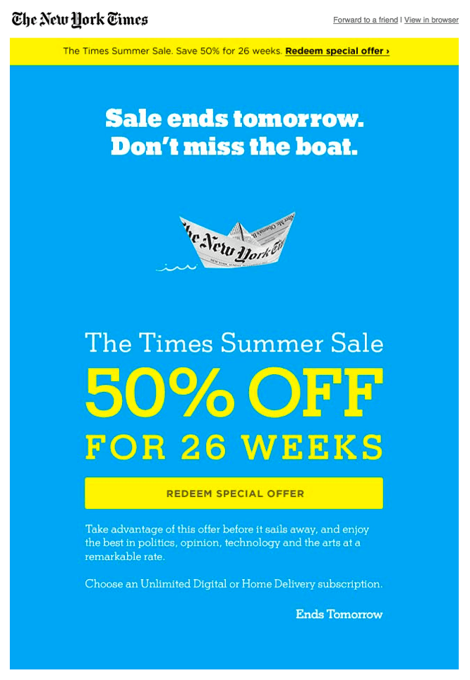 Exclusive offer email example from The New York Times.