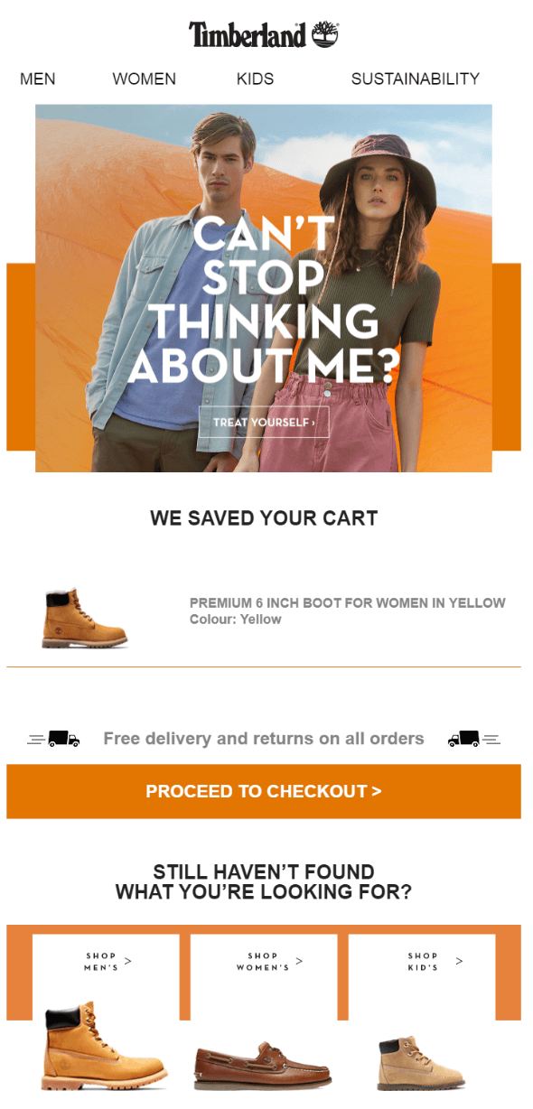 Card abandonment and product recommendation email from Timberland. 