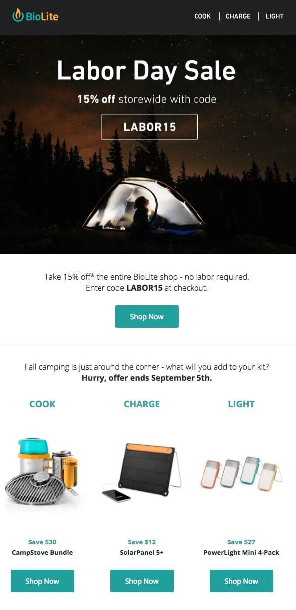 Labor Day email example from BioLite