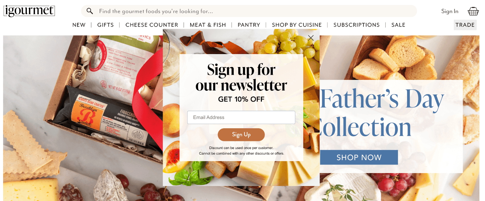 Pop-up from igourmet for newsletter sign-up. 