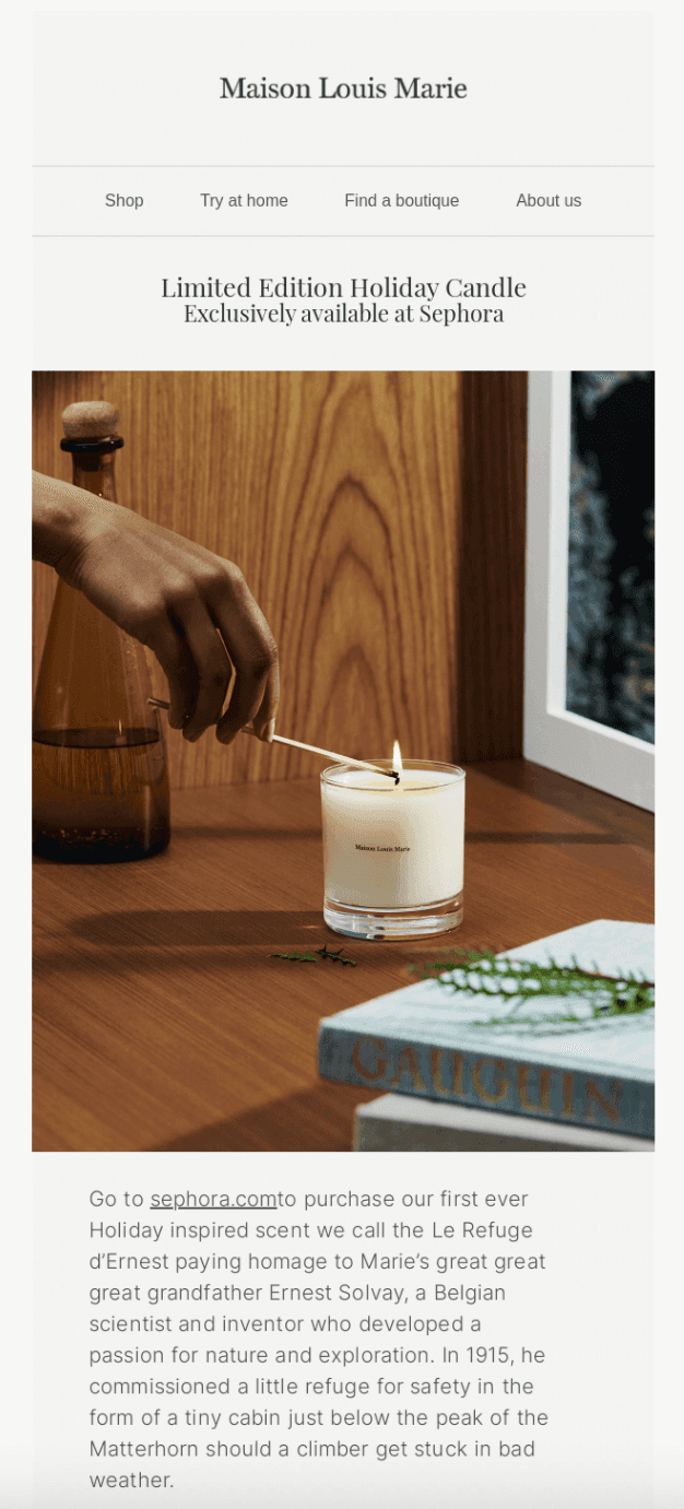 Email example from Maison Louis Marie promoting a limited-time candle