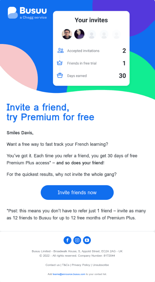SaaS referral email example by Busuu