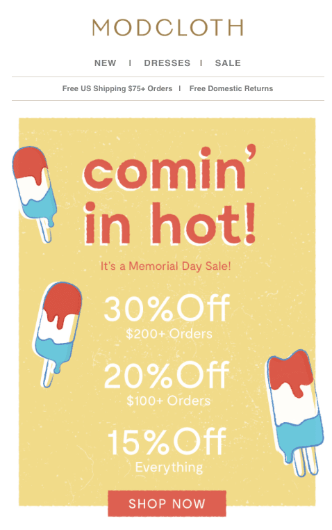 Memorial Day email example from ModCloth with extra discounts