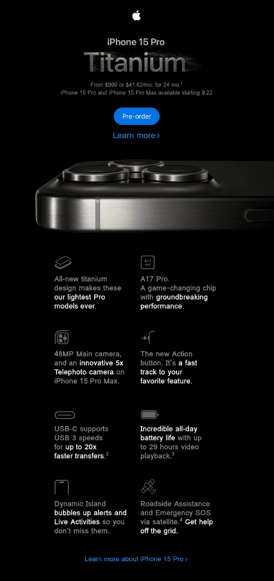 Product launch email example by Apple