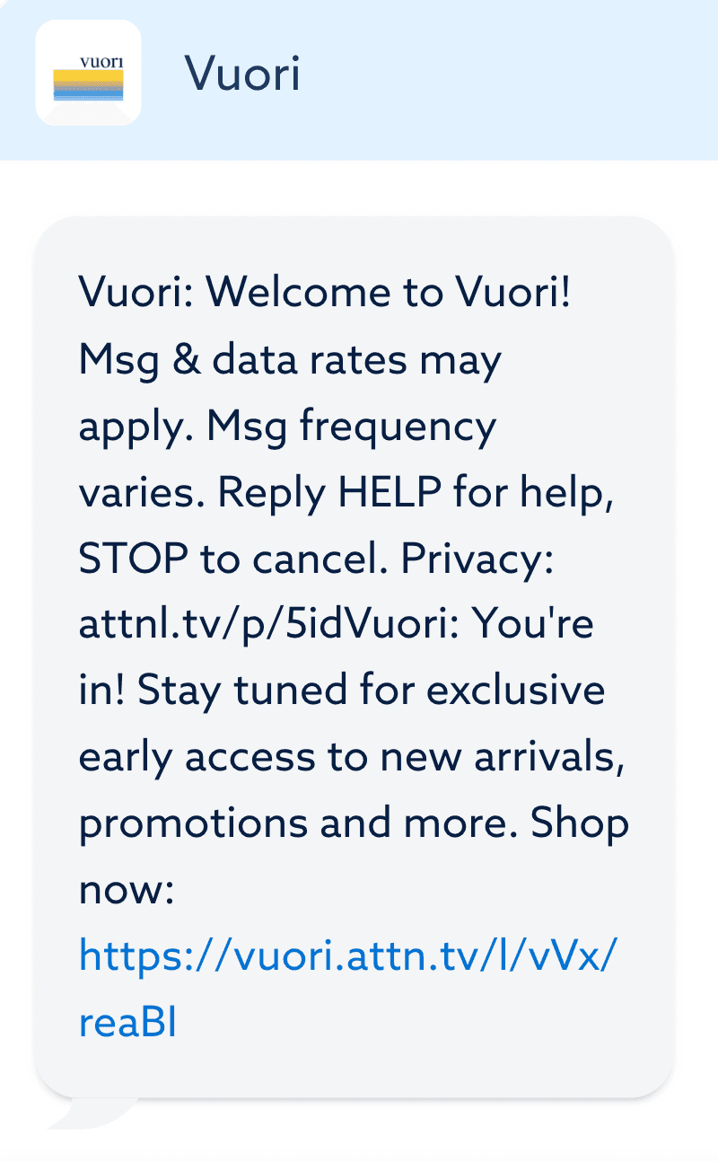 SMS marketing example from Vuori