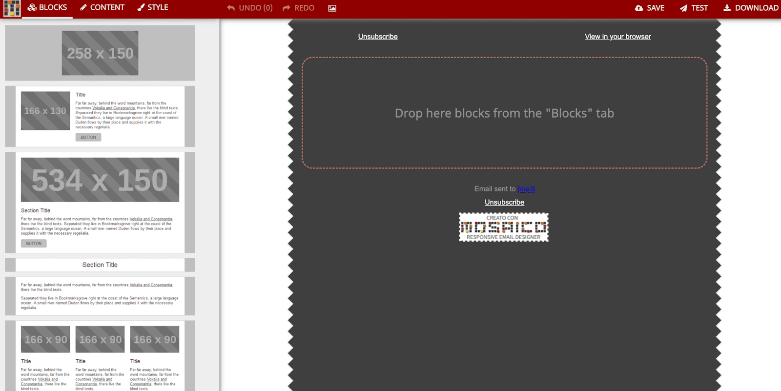 Mosaico.io as an example of an embeddable email editor. ‍