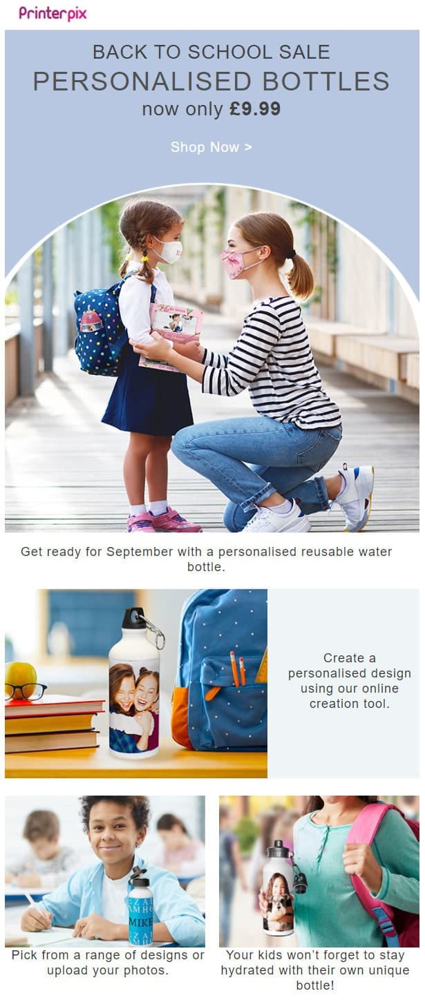 Back to school & product recommendations email from Printerpix. 