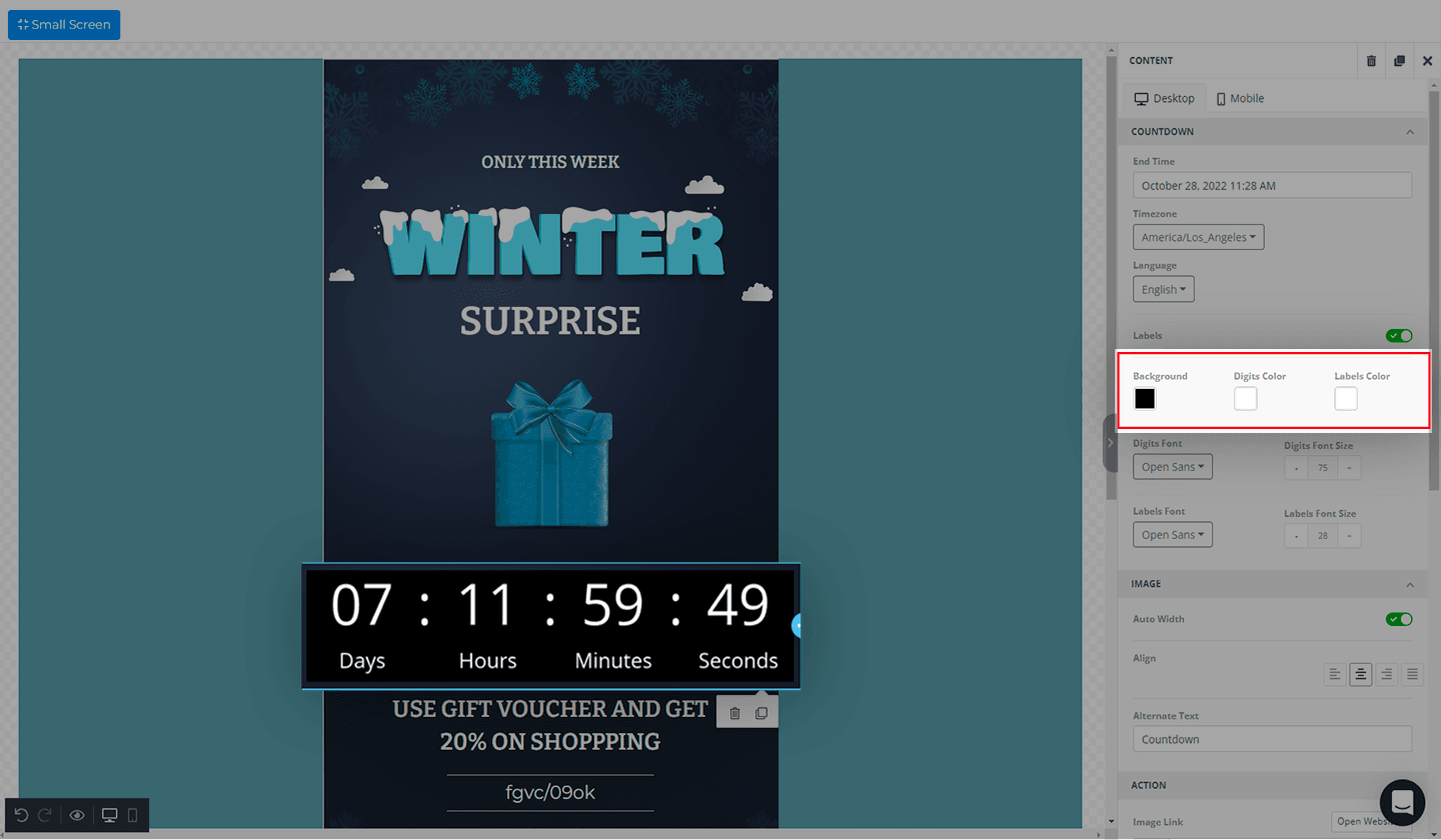 Unlayer’s editor highlights how to change the color of the countdown timer.‍