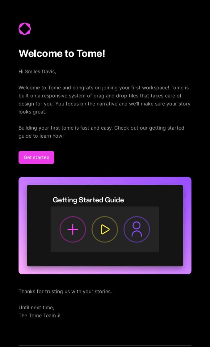 Welcome email example by Tome.