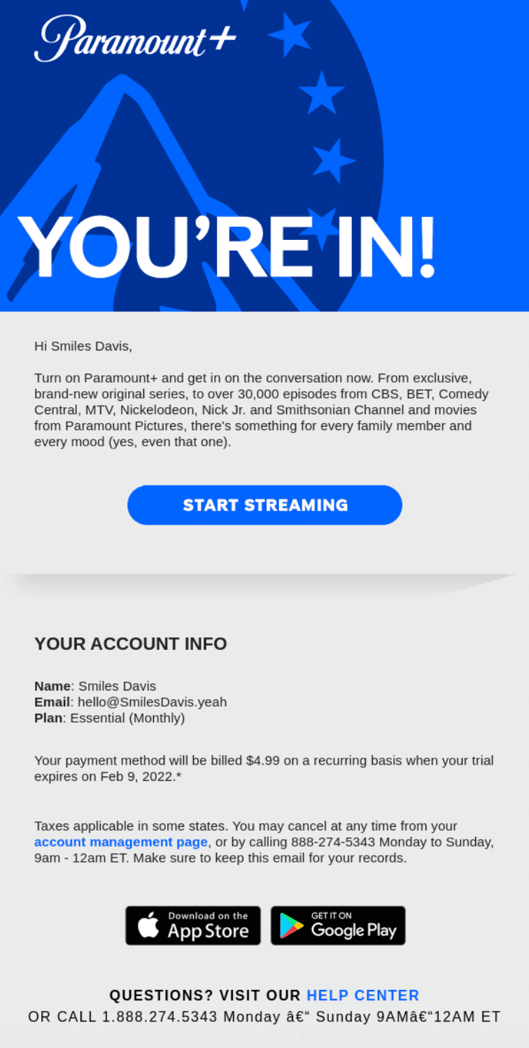 Subscription confirmation email from Paramount+. 