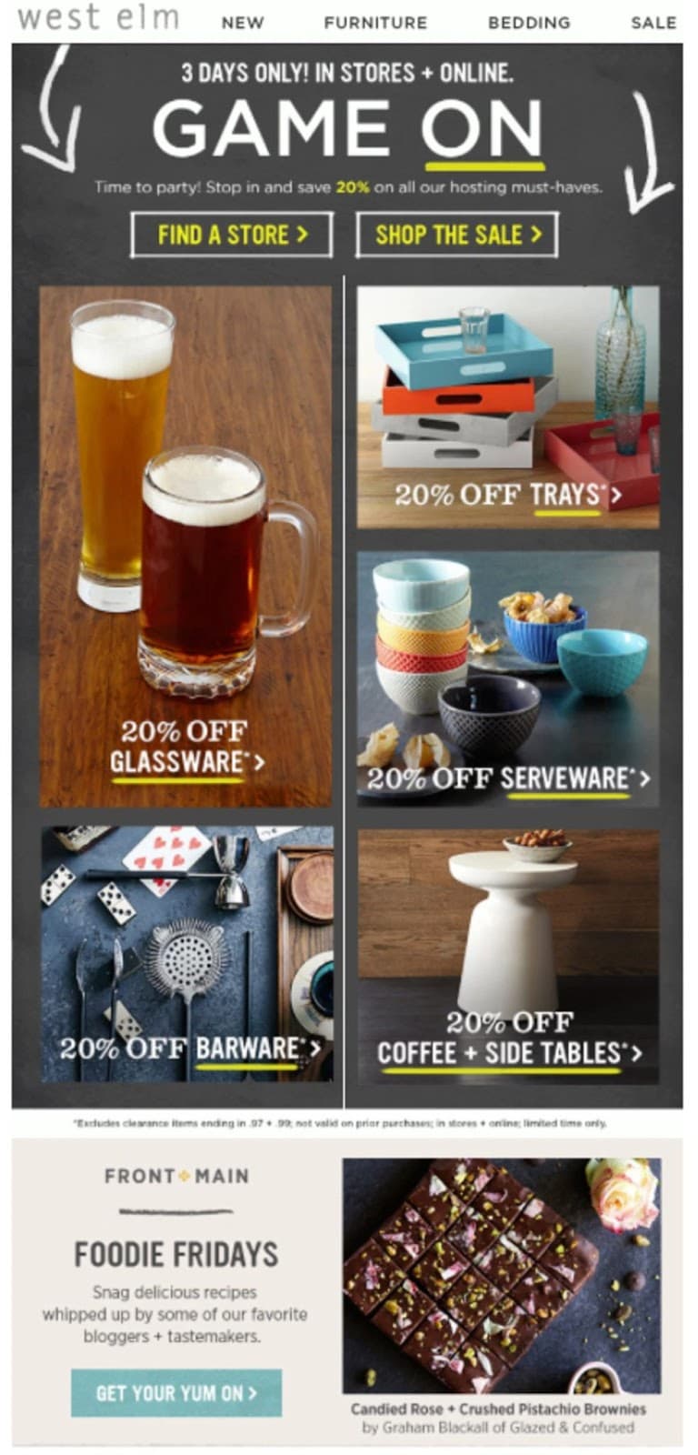 Super Bowl email from West Elm featuring their products and sale. 