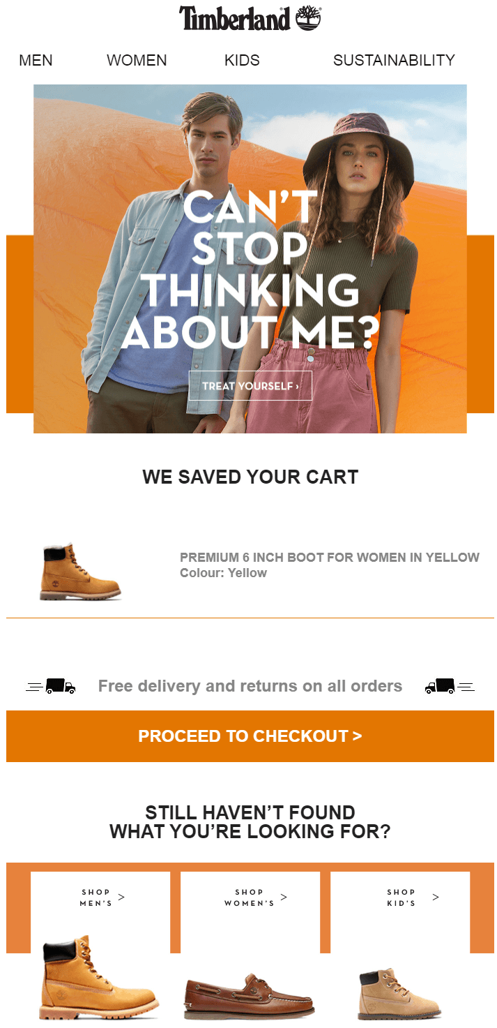 Abandoned cart fashion email from Timberland