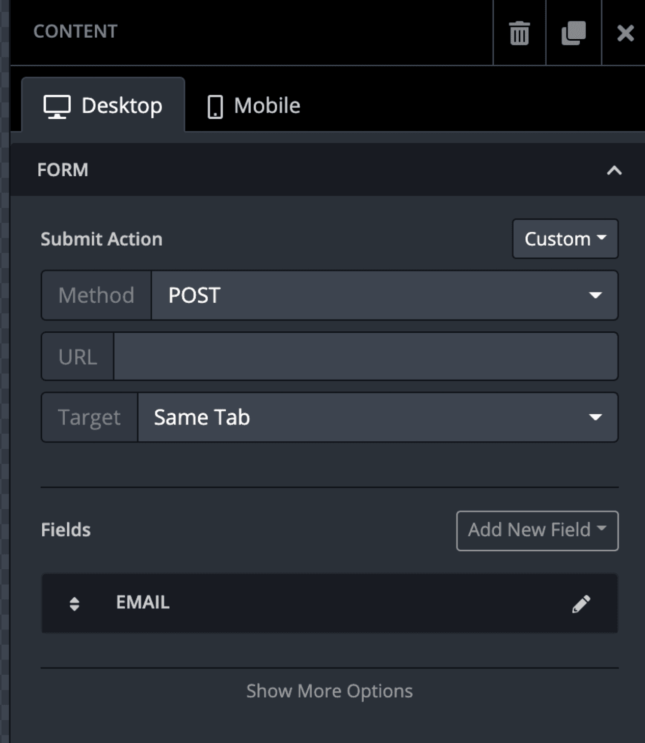 Unlayer’s editor view for adding custom URLs for form submission.