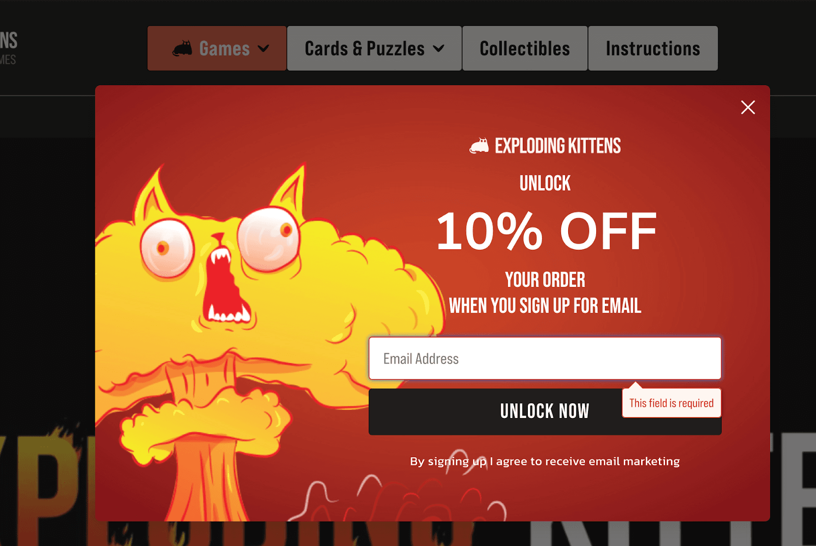 Exit intent pop-up example from Exploding Kittens. 