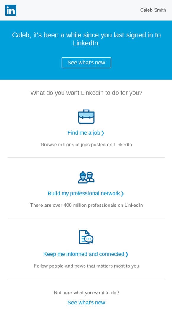 A re-engagement email from LinkedIn that introduces subscribers to new features