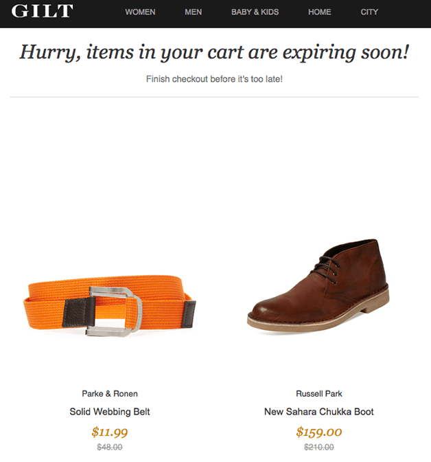 Abandoned cart email from GILT that instills FOMO in readers