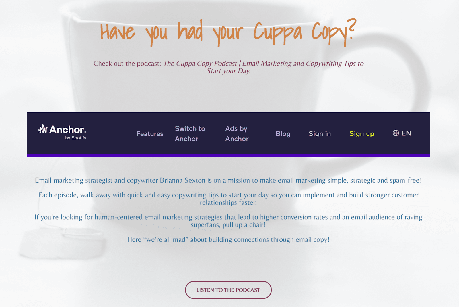 Homepage of the podcast, The Cuppa Copy