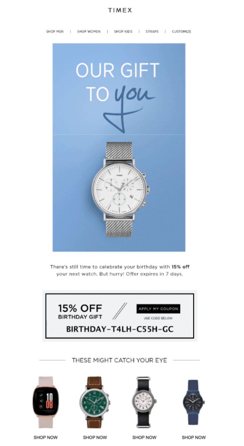 Birthday email example from Timex