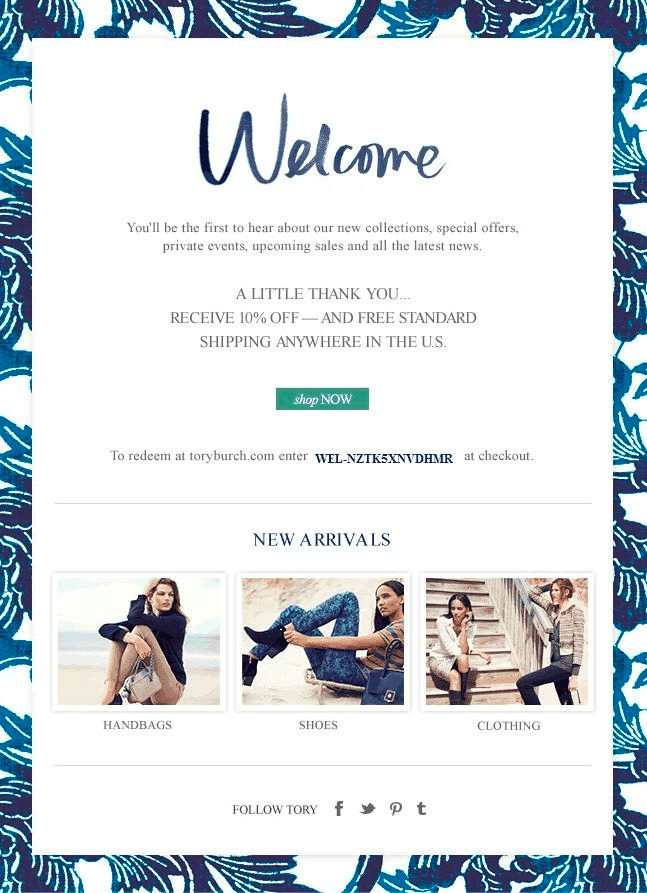 Welcome newsletter by Tory Burch