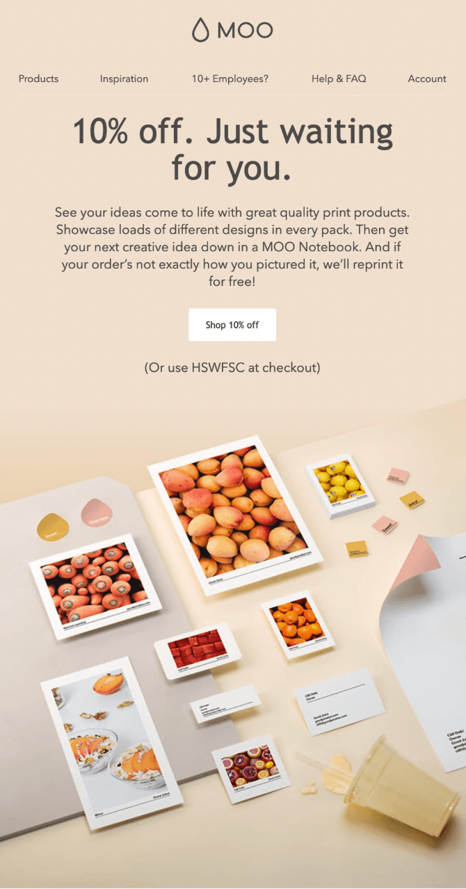 Promotional email example from MOO.