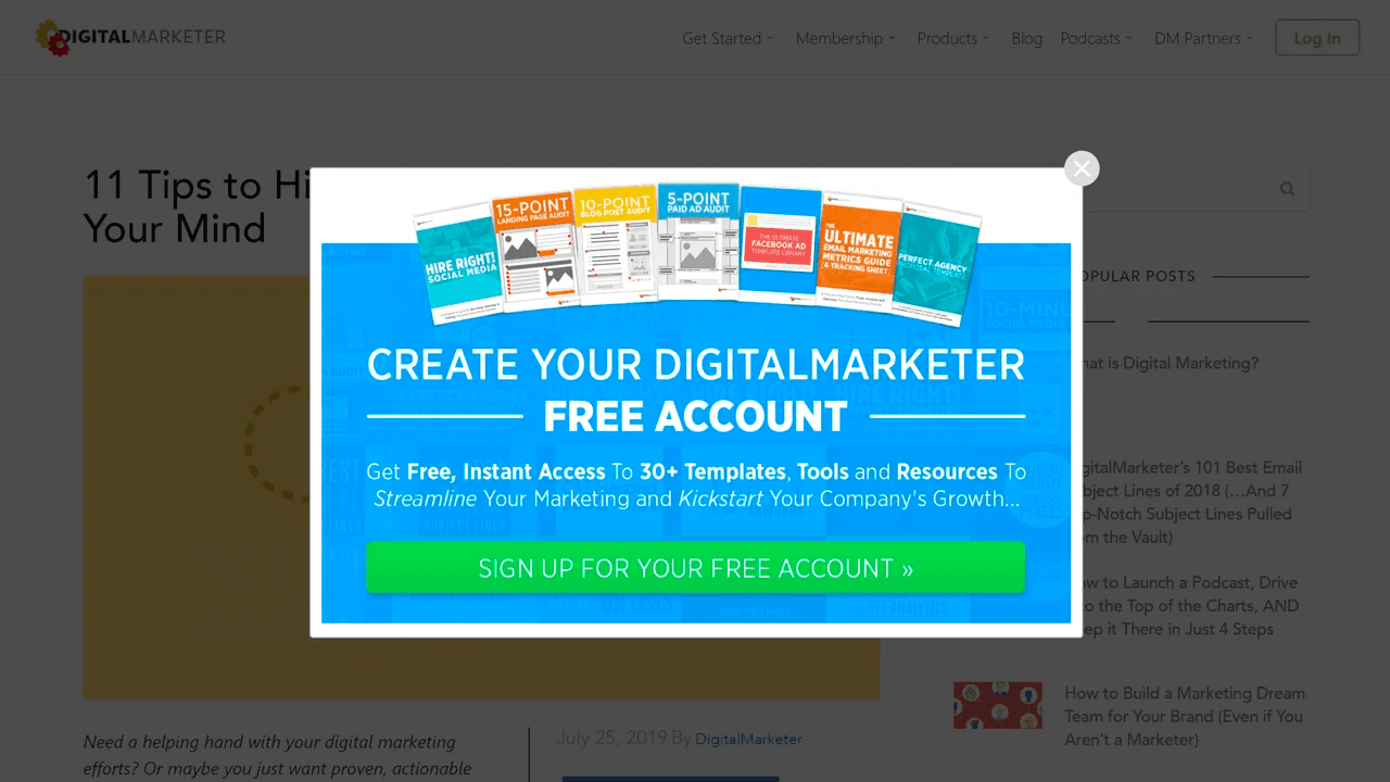 DigitalMarketer’s popup design example.