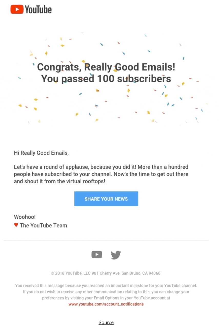 SaaS milestone email example by Youtube