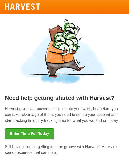 Example of a well-personalized email from Harvest