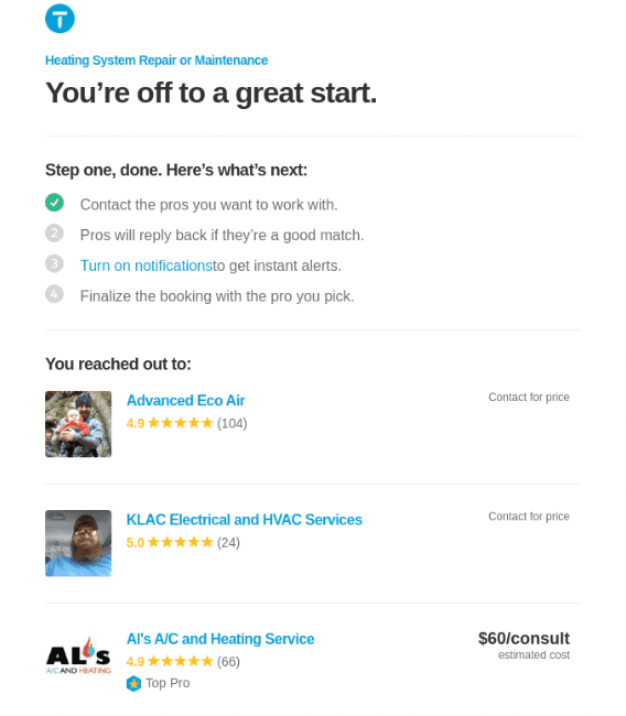 Thumbtack’s example of onboarding email to show how to guide the user about next steps. 