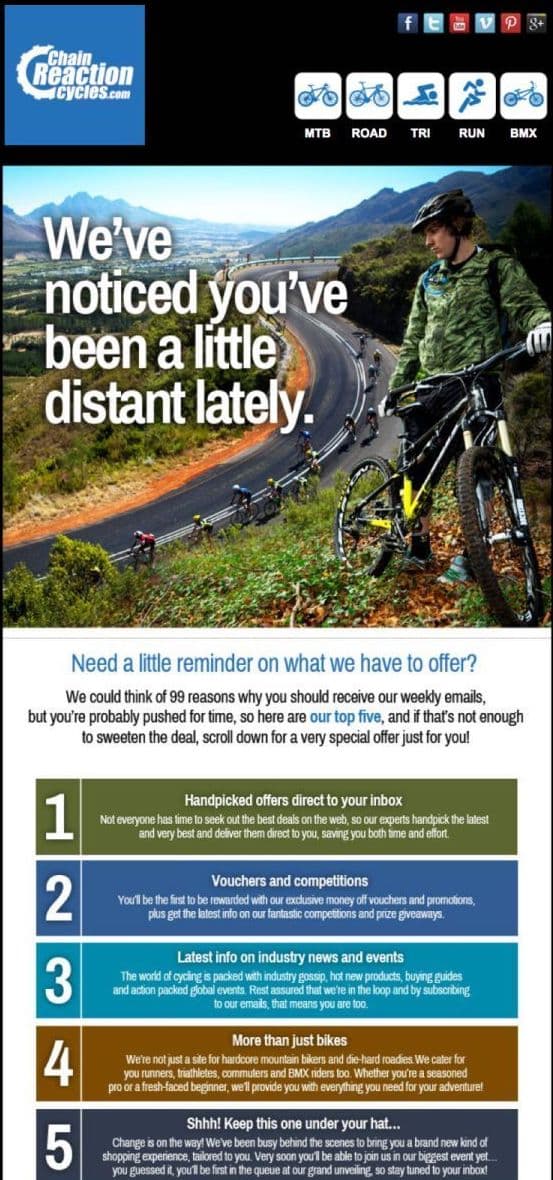 A re-engagement email from Chain Reaction Cycles reminding customers of the value they add