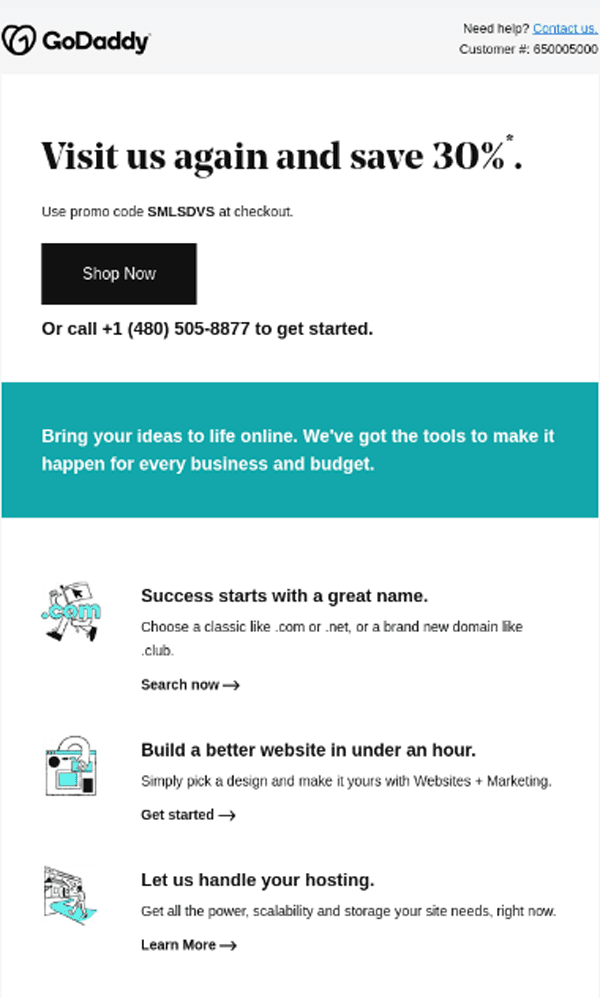 SaaS promotional email example by GoDaddy