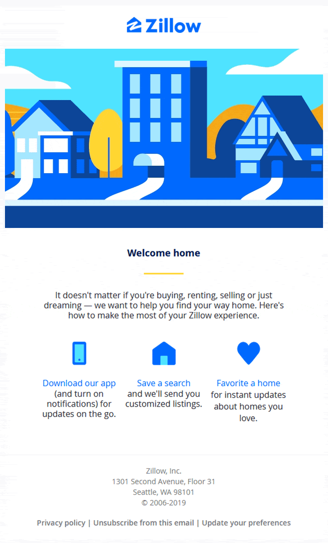 Welcome email example from Zillow. 