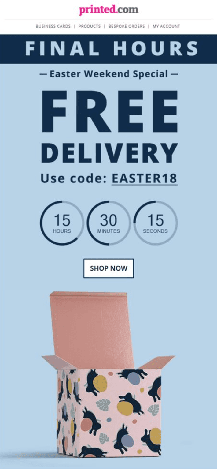 Easter free shipping email example from Printed.com.