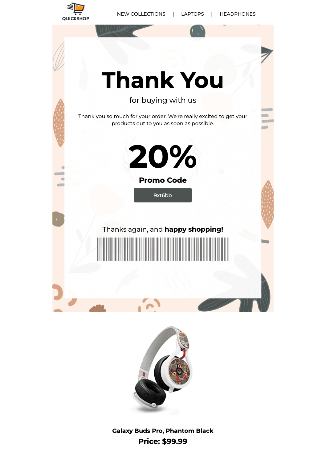 Thank you email template by Unlayer