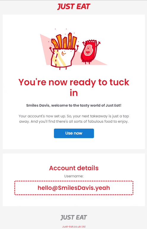 Onboarding email example from Just Eat