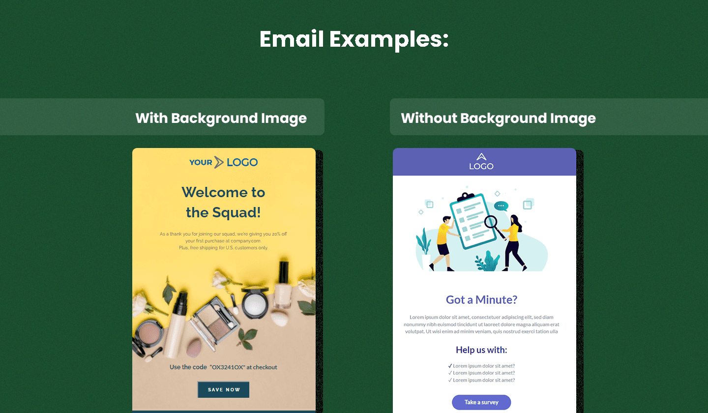 Examples of emails with and without a background image.