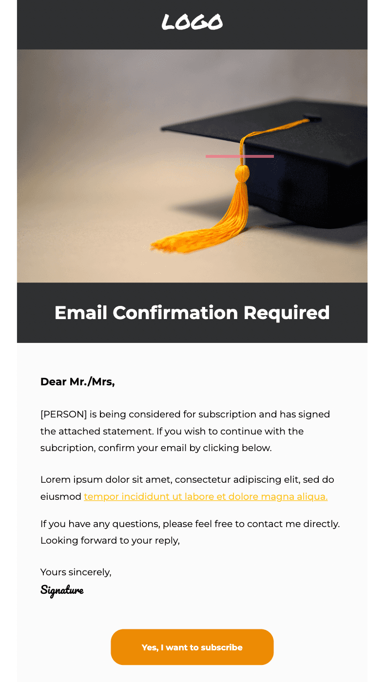 Subscription confirmation email template by Unlayer