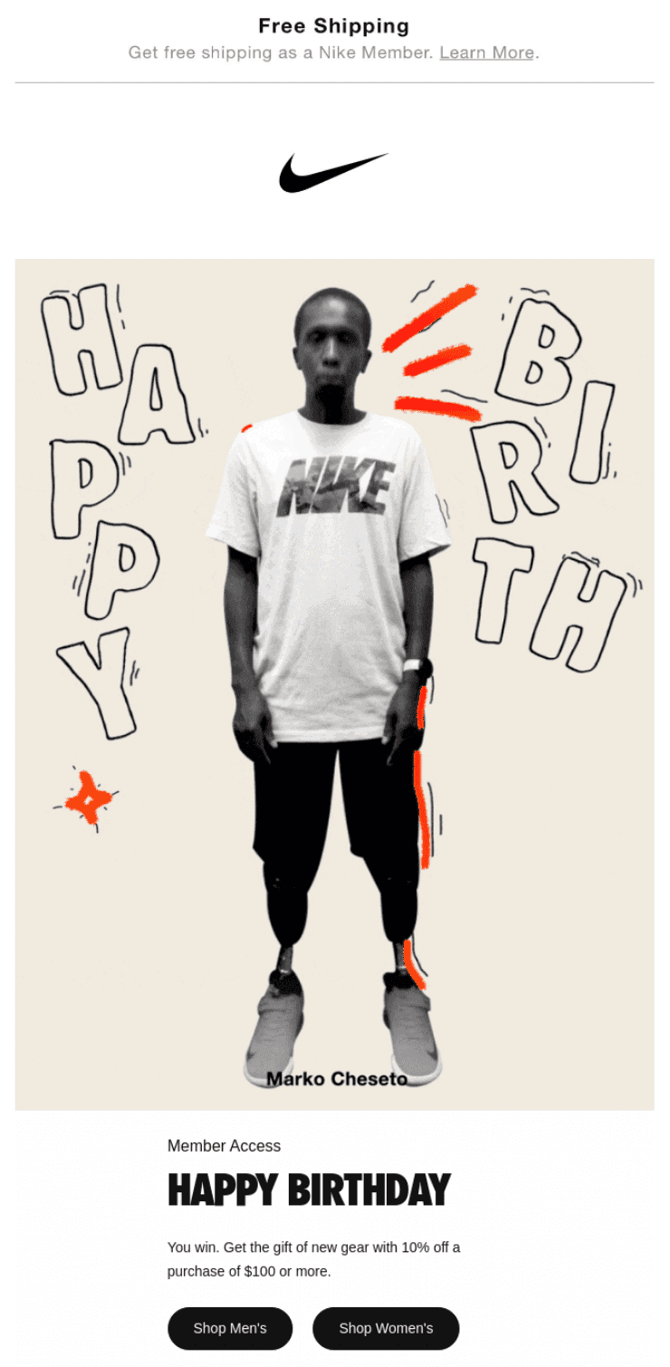 Birthday email example from Nike.