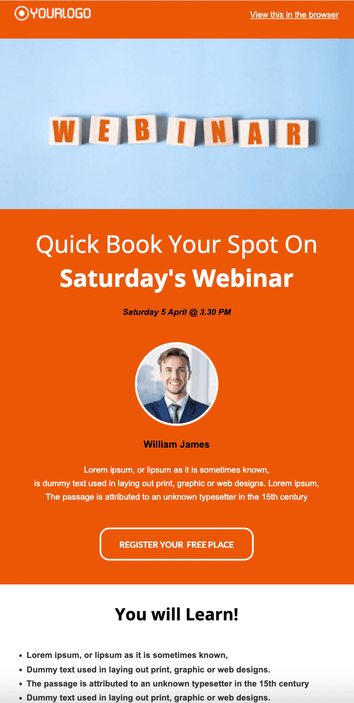 Webinar reminder email template from Unlayer