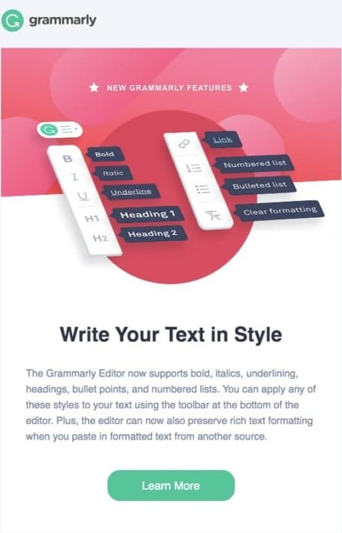 Feature release email from Grammarly. 