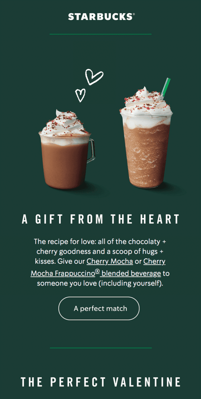 Valentine’s Day email example from Starbucks.