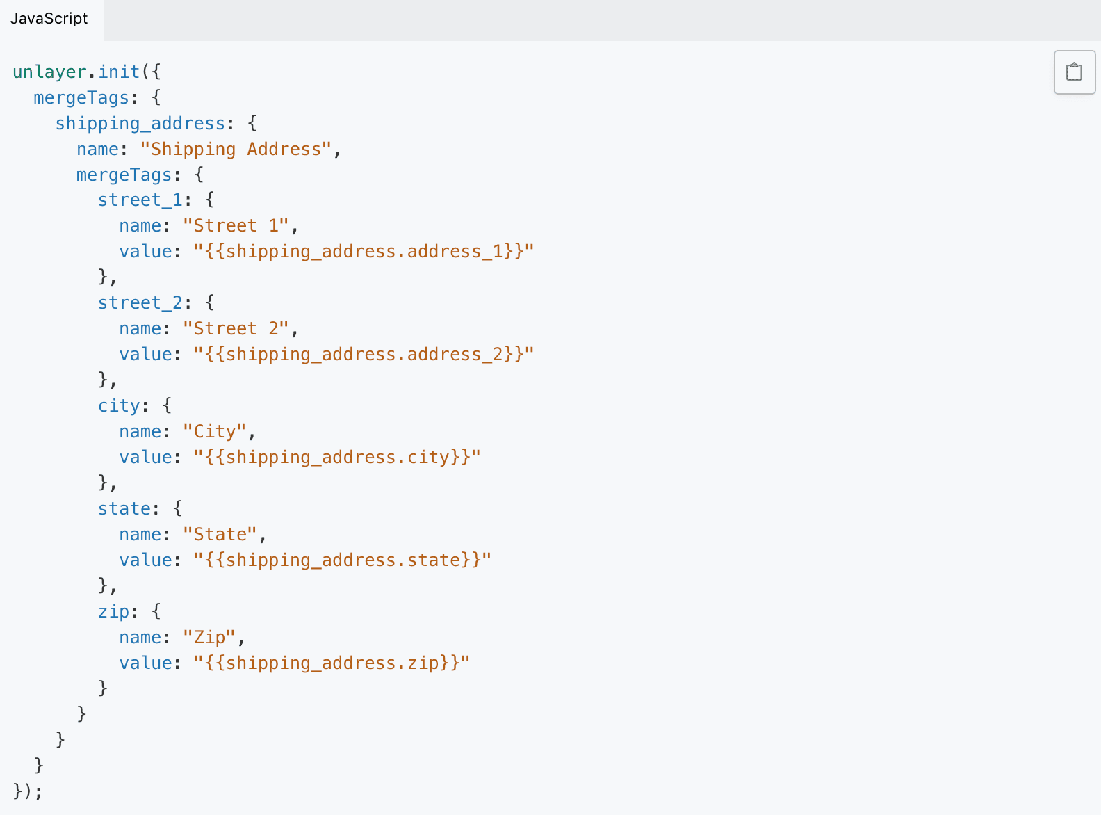 Code for Unlayer’s grouped merge tags.