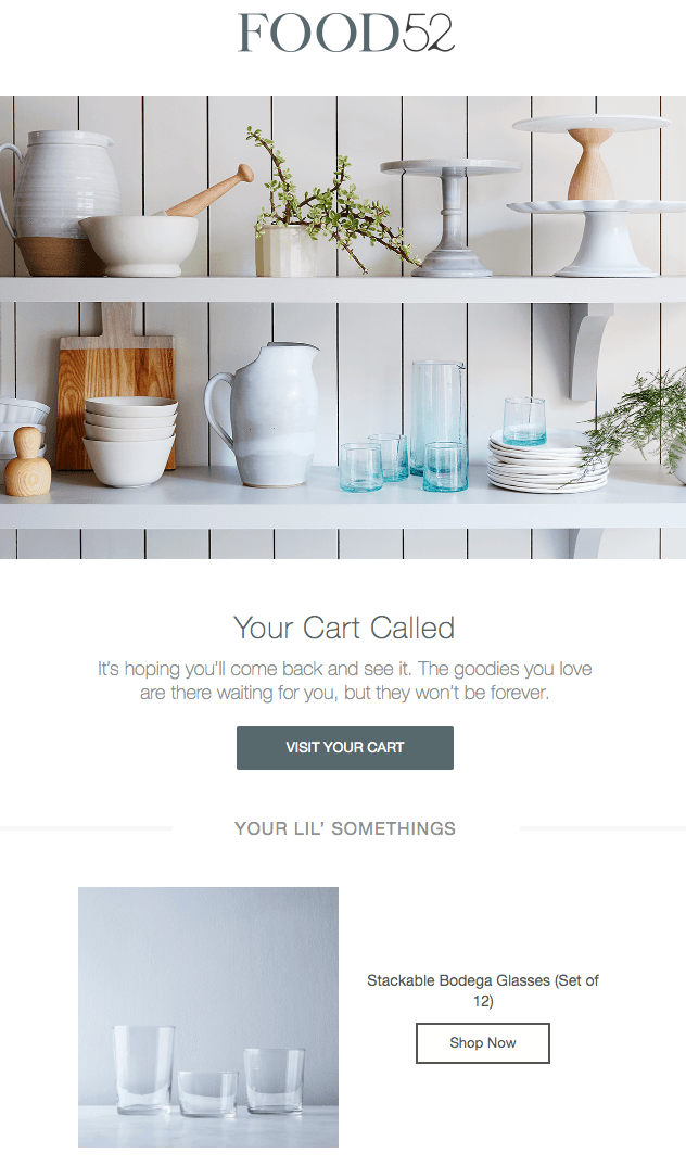 Example of an automated abandoned cart email from Food52. 